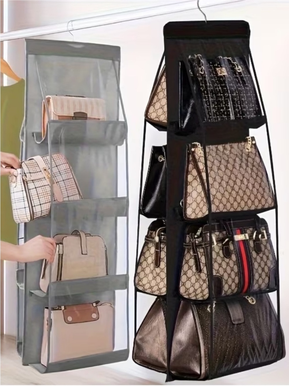 Black Hanging Purse Organizer for Closet - Multi-Tier Handbag Storage - Picture 5 of 6